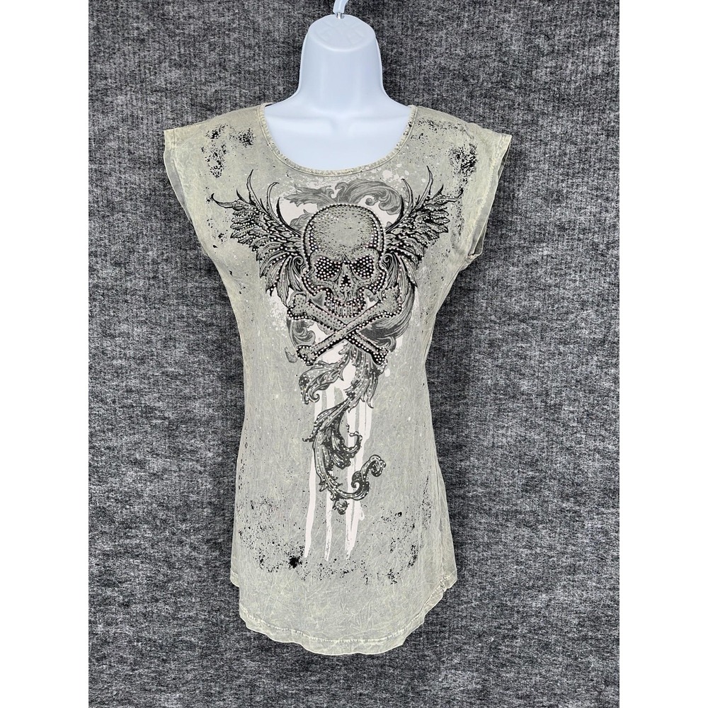 Vocal Shirt Womens S Gray Skull Rhinestone Scoop Neck Y2K Cap Sleeve Tunic Top